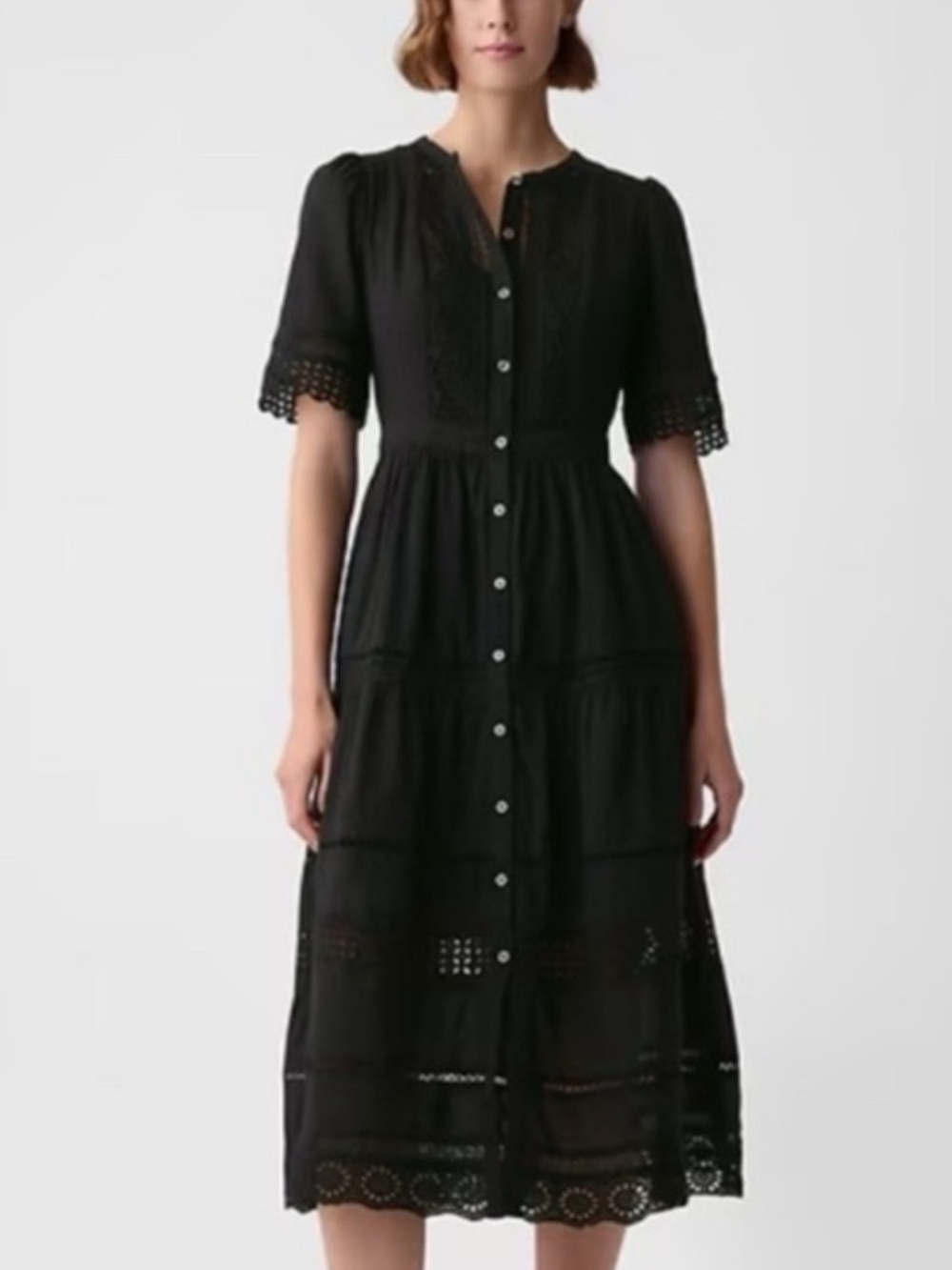 GAP Black Button-Front Eyelet Midi Dress